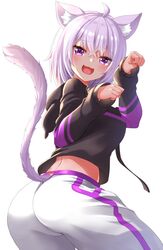  :3 :d ahoge ako_suke animal_ear_fluff animal_ears ass cat_ears cat_girl cat_tail cowboy_shot female from_behind highres hololive hood hood_down hoodie long_sleeves looking_at_viewer looking_back nekomata_okayu nekomata_okayu_(1st_costume) oerba_yun_fang open_mouth pants paw_pose purple_eyes purple_hair short_hair simple_background smile solo tail tail_raised virtual_youtuber white_background 