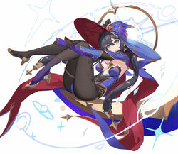  absurdres ass black_gloves black_hair black_pantyhose blue_eyes breasts elbow_gloves eruthika female full_body genshin_impact gloves hair_between_eyes hair_ornament hat highres knees_to_chest knees_together_feet_apart leotard long_hair medium_breasts mona_(genshin_impact) pantyhose simple_background smile solo thighlet twintails very_long_hair white_background witch_hat 