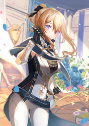  black_bow black_shirt blonde_hair blue_capelet blue_eyes bouquet bow breasts capelet closed_mouth commentary dress_shirt falling_petals female flower genshin_impact gloves hairbow hand_up high_collar high_ponytail highres holding holding_bouquet indoors jean_(genshin_impact) jean_(gunnhildr&#039;s_legacy)_(genshin_impact) medium_breasts multicolored_capelet natsuki_yoru official_alternate_costume pants petals ponytail shirt sidelocks sleeveless sleeveless_shirt smile solo tight_clothes white_pants 