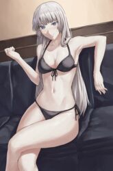  armpits bikini black_bikini blunt_bangs blush breasts cleavage couch female front-tie_top halterneck indoors jormungand_(manga) koko_hekmatyar looking_at_viewer medium_breasts navel pale_skin sarhce side-tie_bikini_bottom sitting solo string_bikini swimsuit 