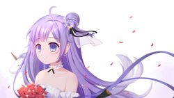  azur_lane bare_shoulders blunt_bangs bouquet bow collarbone commentary_request detached_sleeves dress female flower hair_bun hair_ribbon hairbow highres long_hair looking_at_viewer one_side_up petals purple_eyes purple_hair red_flower red_rose ribbon rose sidelocks simple_background single_hair_bun single_side_bun smile solo stuffed_winged_unicorn unicorn_(a_dream_of_pure_vows)_(azur_lane) unicorn_(azur_lane) wedding_dress white_background white_dress wind xiao_shi_lullaby 