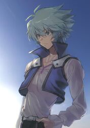  1boy belt black_pants blue_background blue_hair blue_vest closed_mouth collarbone duel_academy_uniform_(yu-gi-oh!_gx) gradient_background green_eyes grey_shirt hair_between_eyes hand_in_pocket highres johan_andersen male_focus medium_hair open_clothes open_vest pants shirt smile solo spiked_hair ta_(pixiv30070603) vest white_background white_belt yu-gi-oh! yu-gi-oh!_gx 