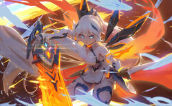  :o armor aton_(user_kufr5245) bare_shoulders blue_eyes blue_fire boots breasts cleavage female fire flaming_sword flaming_weapon gauntlets glowing glowing_sword glowing_weapon hair_between_eyes hair_ornament highres holding holding_sword holding_weapon honkai_(series) honkai_impact_3rd kiana_kaslana kiana_kaslana_(herrscher_of_flamescion) looking_at_viewer open_mouth ponytail solo sword thigh_boots thighhighs weapon white_footwear white_hair 