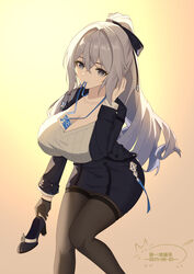  absurdres artist_logo between_breasts blue_eyes breasts bronya_zaychik bronya_zaychik_(outstanding_attitude)_(honkai_impact) bronya_zaychik_(silverwing:_n-ex) card card_between_breasts chinese_commentary cleavage collarbone commentary dated diaoyidimaomao female grey_hair hair_between_eyes hand_up high_ponytail highres holding holding_shoes honkai_(series) honkai_impact_3rd huge_breasts jacket long_hair long_sleeves looking_at_viewer mouth_hold office_lady official_alternate_costume open_clothes open_jacket pantyhose pink_pupils shirt shoes skirt solo 