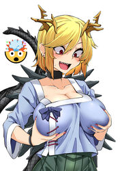  blue_shirt blush breasts cleavage collarbone dragon_horns dragon_tail emoticon female grabbing_own_breast green_skirt highres horns kicchou_yachie large_breasts long_sleeves open_mouth pleated_skirt red_eyes rihito_(usazukin) sharp_teeth shirt short_hair simple_background skirt solo tail teeth touhou upper_body white_background white_shirt yellow_horns 