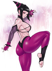  ass back black_hair blunt_bangs bracelet breasts chinese_clothes commentary cowboy_shot dudou english_commentary eyeliner feet female fingerless_gloves from_side gloves gradient_background hair_horns halterneck jewelry juri_han light_smile looking_at_viewer looking_to_the_side makeup muscular muscular_female open_hands parted_lips pink_background pose purple_eyes shiny_clothes shiny_skin short_eyebrows short_hair signature soles solo spiked_bracelet spikes standing standing_on_one_leg street_fighter street_fighter_iv_(series) thick_thighs thighs toeless_legwear toes white_background zefrableu 