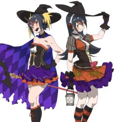  2girls :d argyle_cape argyle_clothes ascot bare_arms bare_shoulders black_choker black_gloves black_hair blonde_hair breasts cape choker commentary detached_collar facial_mark gentoo_penguin_(kemono_friends) gloves hair_between_eyes halloween_costume hand_on_own_hip hat headphones highres holding holding_lantern holding_staff kemono_friends kneehighs lantern long_hair looking_at_viewer medium_breasts multicolored_hair multiple_girls open_mouth orange_hair puffy_short_sleeves puffy_sleeves purple_skirt red_hair rockhopper_penguin_(kemono_friends) short_hair short_sleeves simple_background skirt smile socks spider_web_print staff star_(symbol) striped_clothes striped_socks tanabe_(fueisei) two-tone_hair underbust white_ascot white_background witch_hat 