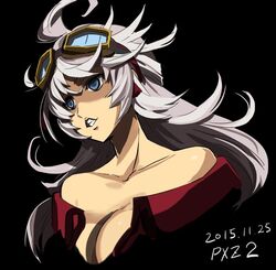  bare_shoulders blue_eyes breasts cleavage collarbone curly_hair female goggles goggles_on_head haruyama_kazunori large_breasts long_hair project_x_zone project_x_zone_2 simple_background solo urashima_chizuru white_hair 