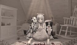  attic barefoot bed black_ribbon blood blunt_bangs book border_collie bottle canine chains chair child&#039;s_drawing commentary cupboard dalmatian day dress expressionless female frilled_shirt_collar frills full_body grey_eyes halo highres indoors light_rays long_dress long_hair long_sleeves looking_at_viewer mirror multicolored_hair namuta neck_ribbon on_floor original pale_skin pointy_ears ribbon rocking_chair sitting solo streaked_hair sunlight white_dress white_hair white_theme 