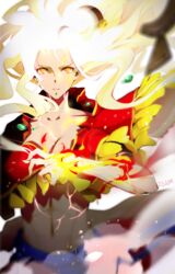  abs bad_id bad_pixiv_id blonde_hair chin_piercing fate/grand_order fate_(series) female fire glowing glowing_eyes highres hoshizaki_reita long_hair navel orange_eyes poncho quetzalcoatl_(fate) signature solo 