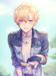  1boy :d ahoge belt bishounen blonde_hair blue_background blue_eyes blue_gemstone blue_jacket blush brooch buttons coat collared_jacket dappled_sunlight gem giving gloves hair_behind_ear hair_between_eyes heathcliff_blanchett holding holding_clothes holding_gloves jacket jewelry leaning_forward looking_at_viewer lower_teeth_only mahoutsukai_no_yakusoku male_focus mole mole_under_eye open_clothes open_coat shigaraki_(strobe_blue) shirt short_hair sky sleeves_rolled_up smile sunlight teeth tree unworn_gloves upper_body white_shirt 