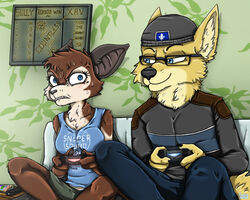  2022 anthro bad_guy_cafe bat blue_eyes bodily_fluids brown_body brown_fur canid canine canis controller duo eyewear female fur furniture game_controller glasses male mammal sitting sofa sully_kerrigan sweat wings wolf xavior yellow_body yellow_fur ziegelzeig 