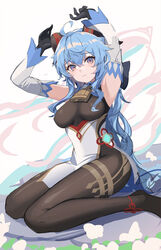  absurdres ahoge armpits arms_up bell black_gloves blue_eyes blue_hair blush bodystocking breasts chinese_clothes closed_mouth cowbell curled_horns detached_sleeves duplicate eruthika female ganyu_(genshin_impact) genshin_impact gloves goat_horns gradient_eyes highres horns long_hair looking_at_viewer medium_breasts multicolored_eyes neck_bell no_shoes pantyhose pelvic_curtain pixel-perfect_duplicate purple_eyes sitting solo thighs very_long_hair wariza yellow_eyes 