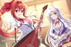  2girls :d ahoge blush bow breasts eyepatch flower guitar hair_flower hair_intakes hair_ornament hairbow hairclip heroic_songs! index_finger_raised indoors instrument large_breasts long_hair multiple_girls music open_mouth playing_instrument ponytail purple_eyes purple_hair red_bow red_eyes red_hair skirt smile standing thighhighs tougo very_long_hair window 