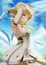  :o absurdres arm_up armpits arms_behind_head aton_(user_kufr5245) blonde_hair blue_sky breasts cloud cloudy_sky day dress female flower gauntlets genshin_impact hair_between_eyes hair_flower hair_ornament highres long_hair looking_at_viewer lumine_(genshin_impact) open_mouth outdoors sideboob sky sleeveless sleeveless_dress small_breasts solo white_dress white_flower white_sleeves yellow_eyes 