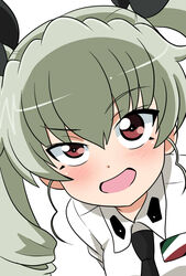  anchovy_(girls_und_panzer) anzio_school_uniform black_necktie black_ribbon blush commentary dress_shirt drill_hair emblem female girls_und_panzer green_hair hair_ribbon half-closed_eye highres long_hair looking_at_viewer necktie open_mouth red_eyes ribbon school_uniform shirt simple_background smile solo twin_drills twintails wakku_kan white_background wing_collar 