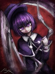  artist_name bandaged_hand bandages bob_cut capelet commentary_request expressionless female franken_fran hat holding holding_weapon jitome long_sleeves madaraki_veronica making-of_available mechanical_arms purple_eyes purple_hair ray-k scythe short_hair signature single_mechanical_arm solo stitched_face stitches weapon 