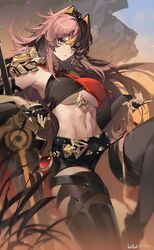  abs absurdres arm_armor beacon_of_the_reed_sea_(genshin_impact) belt black_belt black_gloves black_shorts black_thighhighs blonde_hair blue_eyes breasts brown_hair commentary_request crossed_bangs dehya_(genshin_impact) earrings elbow_gloves female fingerless_gloves foot_out_of_frame gem genshin_impact gloves hair_ears highres jewelry knee_up leg_ribbon long_hair multicolored_hair navel parted_lips red_gemstone ribbon sand shorts single_earring single_fingerless_glove solo streaked_hair thigh_ribbon thighhighs torn_clothes torn_thighhighs two-tone_hair underboob yu_jiu 