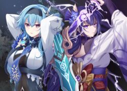  2girls arms_up black_hairband blue_hair blue_necktie breasts commentary eula_(genshin_impact) genshin_impact hair_ornament hairband highres holding holding_sword holding_weapon japanese_clothes kimono large_breasts light_blue_hair long_hair looking_at_viewer mole mole_under_eye mon-chan multiple_girls necktie parted_lips purple_eyes purple_hair purple_kimono raiden_shogun song_of_broken_pines_(genshin_impact) sword upper_body weapon yellow_eyes 