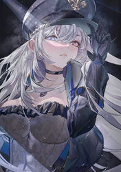  adjusting_clothes adjusting_headwear black_choker black_lobelia black_lobelia_(cosplay) blue_eyes breasts choker closed_mouth collarbone commentary_request cosplay female gloves hair_between_eyes hat heterochromia highres homajor kitagawa_marin large_breasts light_rays long_hair looking_at_viewer military_hat peaked_cap red_eyes solo sono_bisque_doll_wa_koi_wo_suru white_hair 