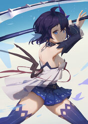  absurdres antenna_hair aton_(user_kufr5245) bare_shoulders blue_eyes blue_hair blue_skirt blue_sleeves blue_thighhighs breasts closed_mouth female hair_between_eyes hair_ornament highres holding holding_weapon honkai_(series) honkai_impact_3rd looking_at_viewer scythe seele_vollerei seele_vollerei_(swallowtail_phantasm) short_hair sideboob skirt solo thighhighs v-shaped_eyebrows weapon 