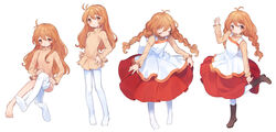  100_percent_orange_juice apron bad_id barefoot boots braid brown_eyes brown_footwear brown_hair dress dressing female flying_red_barrel long_hair long_sleeves marc_(orange_juice) multiple_views oita pantyhose smile twin_braids white_background white_pantyhose 