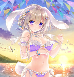  ameto_yuki animal_ears bikini blonde_hair blush bracelet breasts comiket_102 ecru_(ameto_yuki) female flower hair_flower hair_ornament hairclip jewelry large_breasts long_hair navel original outdoors pendant purple_bikini purple_eyes rabbit_ears rabbit_girl rabbit_tail side-tie_bikini_bottom smile solo sunset swimsuit tail water 