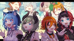  4girls :3 \||/ ahoge animal_ear_fluff animal_ears animare black_bow black_bowtie black_coat black_hair black_jacket black_nails black_pants black_ribbon black_shirt black_sleeves black_sports_bra blue_eyes blue_hair blue_headwear blue_skirt blue_sky blush bow bowtie breasts brown_horns buttons cat_ears closed_eyes clothing_cutout cloud coat commentary_request cowboy_shot demon_girl demon_horns detached_sleeves ear_bar ear_chain ear_piercing earrings eyepatch fingernails flat_chest frilled_shirt frills green_hair green_necktie grey_vest hair_between_eyes heart heart_earrings highres honey_strap hood hood_down hoodie horns jacket jewelry kazami_kuku large_breasts long_sleeves looking_afar looking_at_viewer medium_breasts midriff multicolored_hair multiple_girls nanashi_inc. navel neck_ribbon necktie oerba_yun_fang one_eye_closed open_clothes open_coat open_hoodie open_jacket open_mouth open_shirt orange_eyes orange_hair orange_shirt pants piercing pointy_ears polka_dot polka_dot_shirt red_hair red_shirt reona_kfc02 ribbon ryugasaki_rene ryugasaki_rene_(1st_costume) sekishiro_mico shirt short_hair shoulder_cutout skirt sky sleeveless sleeveless_coat smile souya_ichika souya_ichika_(5th_costume) sports_bra sugar_lyric teeth two-tone_hair underboob upper_body vest virtual_youtuber white_hoodie white_shirt wristband yellow_eyes zipper 