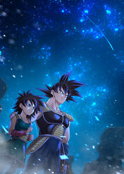  1boy armor bardock black_hair blue_eyes blue_pants collarbone dragon_ball dragon_ball_minus dress dutch_angle female from_below gine green_dress hand_on_another&#039;s_shoulder husband_and_wife long_hair mattari_illust night pants short_dress shoulder_armor sky sleeveless sleeveless_dress spiked_hair standing star_(sky) starry_sky 