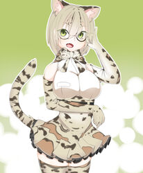  2017 absolute_territory animal_humanoid armwear bottomwear breasts clothing cute_fangs denyfake elbow_gloves felid felid_humanoid feline feline_humanoid female fur gloves green_eyes hair handwear hi_res humanoid kemono_friends legwear leopardus leopardus_humanoid looking_at_viewer mammal mammal_humanoid margay_(kemono_friends) margay_humanoid multicolored_clothing open_mouth pink_tongue portrait skirt solo three-quarter_portrait tongue 