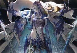  blue_skin cape colored_skin cowboy_shot female final_fantasy final_fantasy_xvi frost grey_hair hand_up highres ice_crystal jill_warrick lcw961904412 long_hair looking_to_the_side open_hand pale_skin pointy_ears shiva_(final_fantasy) sidelocks snowflakes solo tiara white_cape 