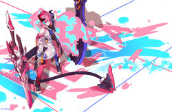  absurdres asymmetrical_legwear bare_shoulders blue_eyes blue_legwear closed_mouth dress female floor full_body hair_between_eyes highres honkai_(series) honkai_impact_3rd horns long_hair long_sleeves looking_at_viewer mismatched_legwear paint_splatter pink_hair pink_legwear rozaliya_olenyeva rozaliya_olenyeva_(fervent_tempo) shadow shoes sneakers solo standing sword tail tail_ornament tsohg weapon white_dress 