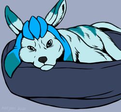  2020 ambiguous_gender blue_body blue_eyes blue_fur digital_media_(artwork) eeveelution eye_bags feral fur generation_4_pokemon glaceon grey_background grumpy looking_at_viewer lying marjani nintendo on_side pet_bed pokemon pokemon_(species) simple_background solo tired tired_eyes 