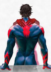  2boys ass back bara black_hair blue_bodysuit bodysuit highres k5verse male_focus marvel miguel_o&#039;hara multiple_boys muscular muscular_male peter_b_parker red_bodysuit short_hair spider-man:_across_the_spider-verse spider-man_(series) spider-verse twitter_username two-tone_bodysuit yaoi 