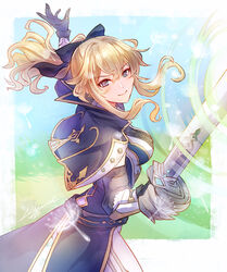  black_bow blonde_hair blue_eyes bow breasts capelet closed_mouth commentary_request earrings favonius_sword_(genshin_impact) female genshin_impact hairbow holding holding_sword holding_weapon jean_(genshin_impact) jean_(gunnhildr&#039;s_legacy)_(genshin_impact) jewelry medium_breasts nekobayashi official_alternate_costume pants ponytail sidelocks smile solo sword weapon white_background white_pants 