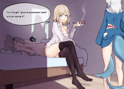  3girls after_sex animal_ears ass bed blonde_hair blue_eyes blue_hair cat_ears commentary covering_face crack_of_light crossed_legs embarrassed english_commentary english_text engrish_commentary engrish_text fins fish_tail gawr_gura gawr_gura_(1st_costume) grey_hair holding holding_smoking_pipe hololive hololive_english indie_virtual_youtuber lifted_by_tail long_hair looking_at_another meme multicolored_hair multiple_girls nachoneko no_panties nude open_mouth ranguage ruined_for_marriage shadow shark_tail shirt sitting smoking smoking_pipe speech_bubble streaked_hair tail thighhighs virtual_youtuber watson_amelia yuetan_(ssvs73608) yuri 