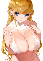  bare_shoulders blonde_hair blue_eyes bra breasts cleavage closed_mouth detached_collar female half_updo hands_on_own_chest lace lace_bra lace_collar large_breasts looking_at_viewer original panties saburou_(hgmg) sidelocks smile solo underwear 