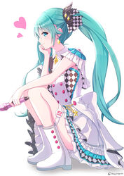  absurdres ankle_boots aqua_eyes aqua_hair back_bow bare_arms boots bow brooch checkered checkered_bow checkered_clothes checkered_dress commentary detached_collar dress earrings epaulettes female frilled_dress frills full_body glint hairbow hatsune_miku head_rest heart highres holding holding_microphone idol idol_clothes itogari jewelry layered_dress long_hair microphone more_more_jump!_(project_sekai) more_more_jump!_miku profile project_sekai sideways_glance silver_trim simple_background smile solo sparkle_earrings sparkle_hair_ornament squatting star_brooch thigh_strap twintails vocaloid white_background white_bow white_dress white_footwear wing_collar 