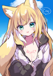  animal_ear_fluff animal_ears blonde_hair blush body_writing breasts cleavage cloud female fox_ears fox_girl fox_tail fuwafuwa-chan_(kamiyoshi_rika) green_eyes highres jacket kamiyoshi_rika long_hair looking_at_viewer medium_breasts oerba_yun_fang open_clothes open_jacket original outdoors sky smile solo tail unzipping upper_body white_jacket zipper 