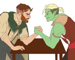  2_horns 5:4 arm_wrestling beard billiespennyjar clothed clothing drawfee_(copyright) drawtectives duo emery_justice facial_hair facial_scar fully_clothed green_body green_skin gyorik_rogdul horn horned_humanoid humanoid humanoid_pointy_ears male not_furry orc scar 