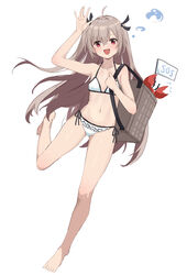  :d absurdres arm_up atri atri-my_dear_moments- backpack bag barefoot bikini black_ribbon blush brown_bag chinese_commentary commentary crab female flag frilled_bikini frills hair_between_eyes hair_ribbon highres light_brown_hair long_hair looking_at_viewer ribbon side-tie_bikini_bottom smile solo sos stomach swimsuit two_side_up white_bikini white_flag xiu_kukkii 