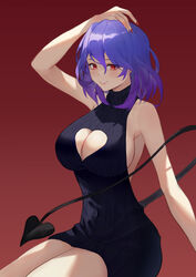  absurdres bare_arms bare_legs bare_shoulders black_sweater blue_hair breasts cleavage cleavage_cutout clothing_cutout demon_girl demon_tail dress female gradient_background gradient_hair grin hair_between_eyes hand_on_own_head highres kinsou_no_vermeil large_breasts looking_at_viewer medium_hair meme_attire multicolored_hair pointy_ears purple_hair red_background red_eyes red_nails ribbed_sweater sideboob sitting sleeveless sleeveless_sweater sleeveless_turtleneck sleeveless_turtleneck_dress smile solo sweater tail turtleneck turtleneck_dress vermeil_(kinsou_no_vermeil) virgin_killer_sweater xiiinaam_98 