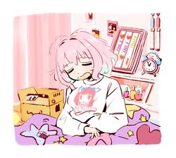  alarm_clock bed_sheet bedroom blue_hair box clock closed_eyes dot_nose game_console idolmaster idolmaster_cinderella_girls indoors iwashi_iwashimo multicolored_hair pink_background pink_hair star_(symbol) sweater white_background white_sweater yumemi_riamu 