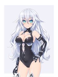  bare_shoulders black_gloves black_heart_(neptunia) black_leotard blue_eyes breasts commentary_request covered_navel elbow_gloves female gloves grey_hair hair_between_eyes hair_ornament highres kazuneko_(wktk1024) leotard long_hair medium_breasts neptune_(series) power_symbol power_symbol-shaped_pupils smile solo symbol-shaped_pupils 