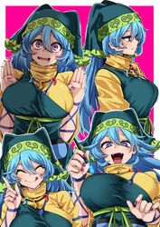  :q apron blue_eyes blue_hair breasts closed_eyes closed_mouth commentary_request female green_apron green_headwear haniyasushin_keiki head_scarf highres jewelry large_breasts long_hair magatama magatama_necklace multiple_views necklace pink_background pink_eyes purple_nails rihito_(usazukin) shadow single_strap smile tongue tongue_out touhou v 