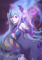  :d absurdres black_dress black_nails blue_eyes blue_hair breasts chinese_commentary cleavage commentary cowboy_shot detached_sleeves dragon_horns dress female floating_hair hair_between_eyes hair_intakes hatsune_miku hatsune_miku_(noodle_stopper) heibaijun highres holding horns long_hair long_sleeves medium_breasts nail_polish oerba_yun_fang open_mouth purple_sleeves short_dress sleeveless sleeveless_dress smile solo tail torn_clothes torn_dress very_long_hair vocaloid 