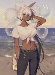  animal_ears arm_behind_head arm_up balloon beach blue_eyes body_markings bracelet caenis_(fate) casual chain_belt cloud conch cowboy_shot dark-skinned_female dark_skin denim fate/grand_order fate_(series) female footprints front-tie_top hand_on_own_head highres jeans jewelry looking_at_viewer navel necklace ocean pants purple_sky sand semi_(p-poco) shell sky water white_hair 