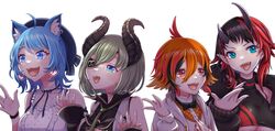  4girls \||/ ahoge animare black_bow black_bowtie black_hair black_jacket black_nails black_ribbon black_sleeves black_sports_bra blue_eyes blue_hair blue_headwear blush bow bowtie breasts brown_horns buttons clothing_cutout commentary_request demon_girl demon_horns detached_sleeves ear_bar ear_chain ear_piercing earrings eyepatch fingernails flat_chest frilled_shirt frills green_hair green_necktie grey_vest hair_between_eyes heart heart_earrings highres honey_strap hood hood_down hoodie horns jacket jewelry kazami_kuku large_breasts long_sleeves looking_afar looking_at_viewer medium_breasts multicolored_hair multiple_girls nanashi_inc. neck_ribbon necktie oerba_yun_fang open_clothes open_hoodie open_jacket open_mouth orange_eyes orange_hair orange_shirt piercing pointy_ears polka_dot polka_dot_shirt red_hair reona_kfc02 ribbon ryugasaki_rene ryugasaki_rene_(1st_costume) sekishiro_mico shirt short_hair shoulder_cutout simple_background smile souya_ichika souya_ichika_(5th_costume) sports_bra sugar_lyric teeth two-tone_hair underboob upper_body vest virtual_youtuber white_background white_hoodie white_shirt wristband zipper 