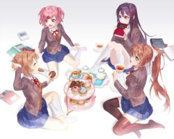  4girls absurdres ahoge arm_at_side arm_up black_thighhighs blazer blue_skirt book bow breasts brown_hair brown_jacket brown_vest buttoned_cuffs buttons cherry closed_eyes collared_shirt commentary convenient_leg cookie covered_mouth cup cupcake doki_doki_literature_club eating english_commentary english_text facing_viewer food from_side fruit full_body green_eyes hair_between_eyes hair_intakes hair_ornament hair_over_shoulder hair_ribbon hairbow hairclip hand_up hands_up highres holding holding_book holding_cookie holding_cup holding_food holding_saucer indian_style jacket jyuma kneehighs knees_together_feet_apart knees_up lapels light_brown_hair light_particles long_hair long_sleeves looking_at_another medium_breasts monika_(doki_doki_literature_club) muffin multiple_girls natsuki_(doki_doki_literature_club) neck_ribbon no_shoes notched_lapels oerba_yun_fang open_book open_clothes open_hands open_jacket open_mouth outstretched_arm parted_lips pink_eyes pink_hair pleated_skirt pocket ponytail purple_eyes purple_hair red_bow red_ribbon ribbon saucer sayori_(doki_doki_literature_club) school_uniform shadow shirt short_hair simple_background sitting skirt sleeves_past_wrists small_breasts socks straight_hair tea tea_party teacup teapot thighhighs tray turning_head two_side_up v-shaped_eyebrows very_long_hair vest wariza white_background white_bow white_shirt white_socks wing_collar x_hair_ornament yokozuwari yuri_(doki_doki_literature_club) zettai_ryouiki 