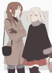  2girls 5ya_ngi axis_powers_hetalia bag black_legwear blue_pants boots braid braided_ponytail breasts brown_coat brown_gloves brown_hair cloak coat crossed_arms feet_out_of_frame fur-trimmed_sleeves fur_trim genderswap_(mtf) gloves green_eyes hair_over_shoulder handbag highres lithuania_(hetalia) long_hair long_sleeves looking_at_viewer multiple_girls pants poland_(hetalia) red_skirt rule_63 short_hair side_braid single_braid skirt standing thigh_boots thighhighs white_hair zettai_ryouiki 